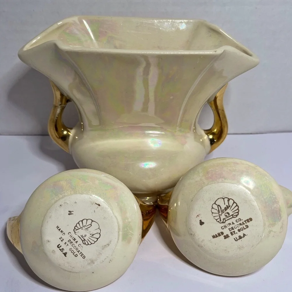 Vintage Pearl China Co. 3-Piece Lusterware Console Set 22K Gold Trim USA